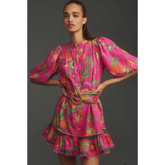 Farm Rio Anthropologie Mini Dress Pink Fruit Garden Preppy Retro Vacay XS New - Picture 1 of 14